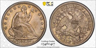 1853 50C Arrows & Rays AU50