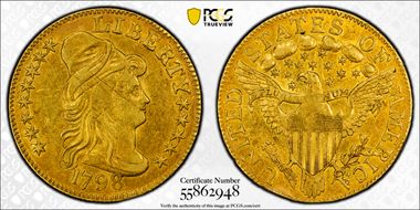 1798 $5 Large 8, 13 Star Reverse AU50
