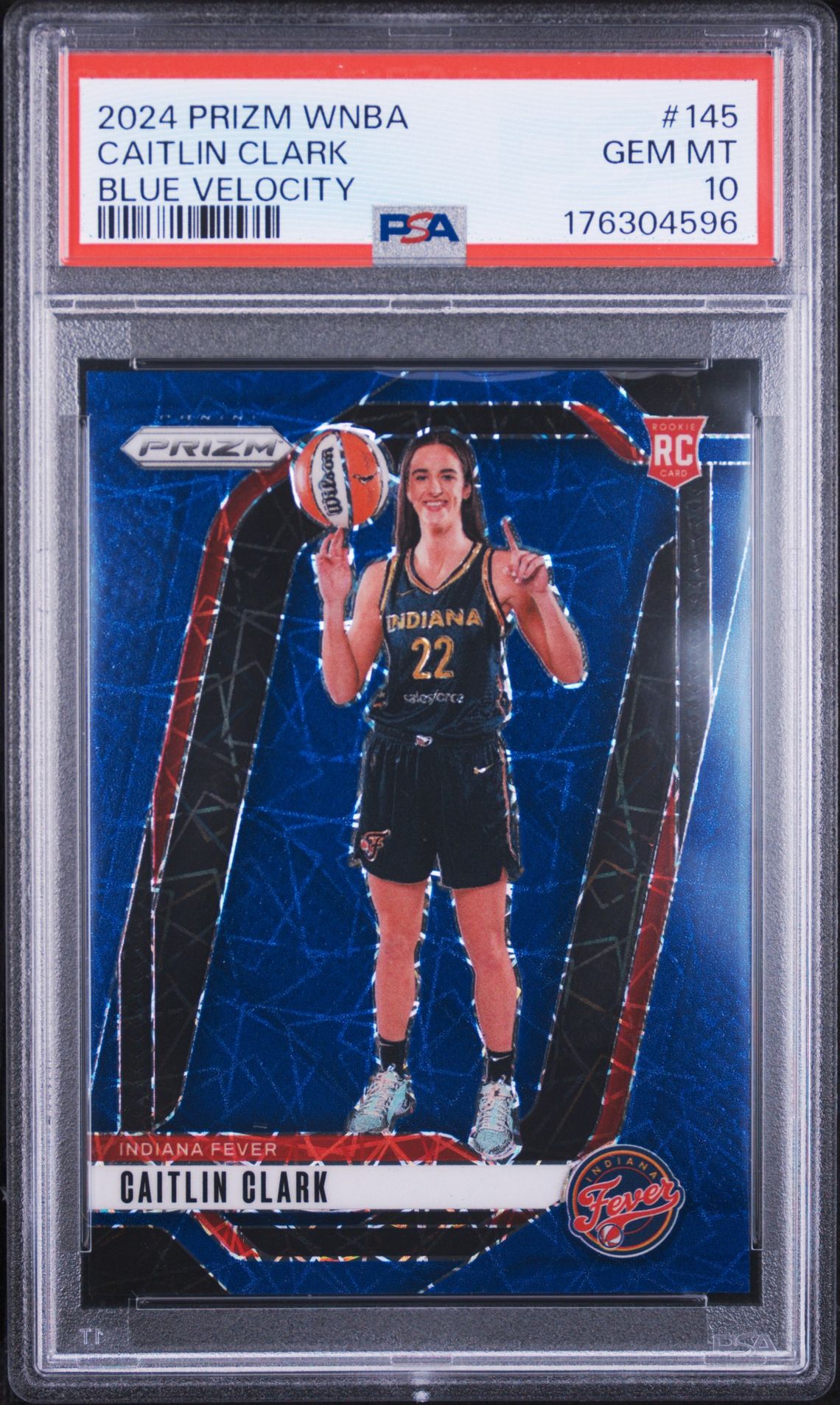 2024 Panini Prizm Wnba Caitlin Clark #145 (Blue Velocity) Gem Mt 10 front view - PSA graded GEM MT 10