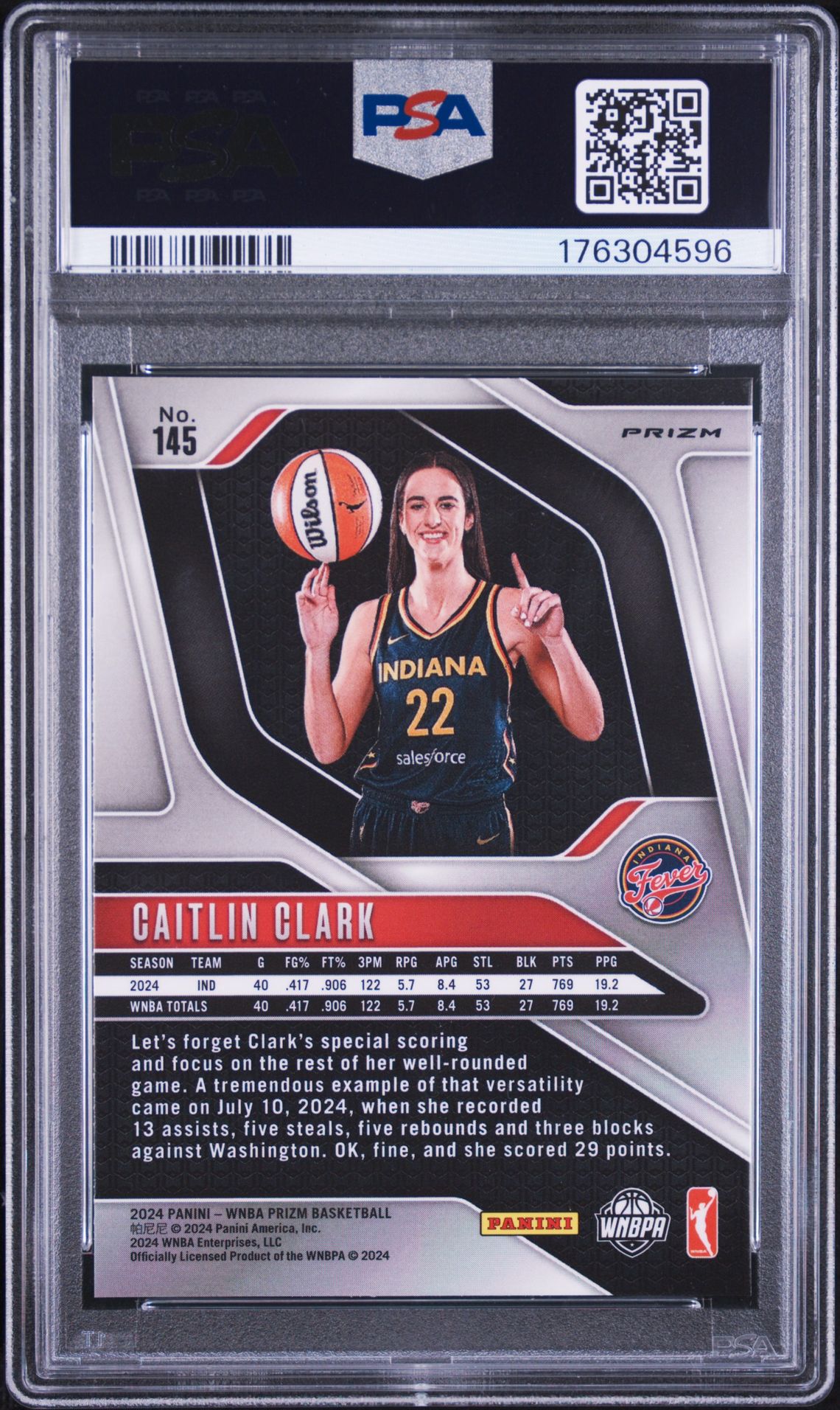 2024 Panini Prizm Wnba Caitlin Clark #145 (Blue Velocity) Gem Mt 10 back view - PSA certificate #176304596