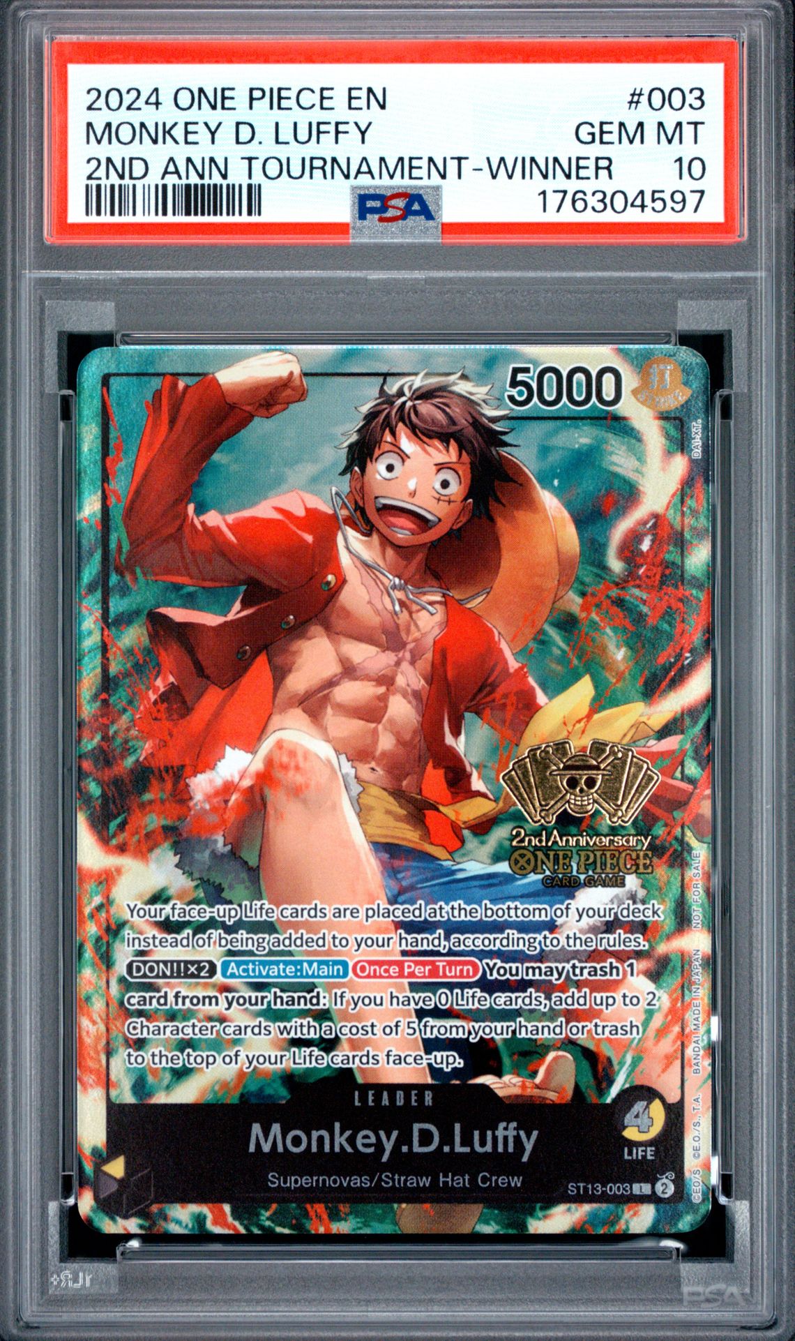 2024 One Piece Promos Monkey D. Luffy #003 (2Nd Ann Tournament-Winner) Gem Mt 10 front view - PSA graded GEM MT 10