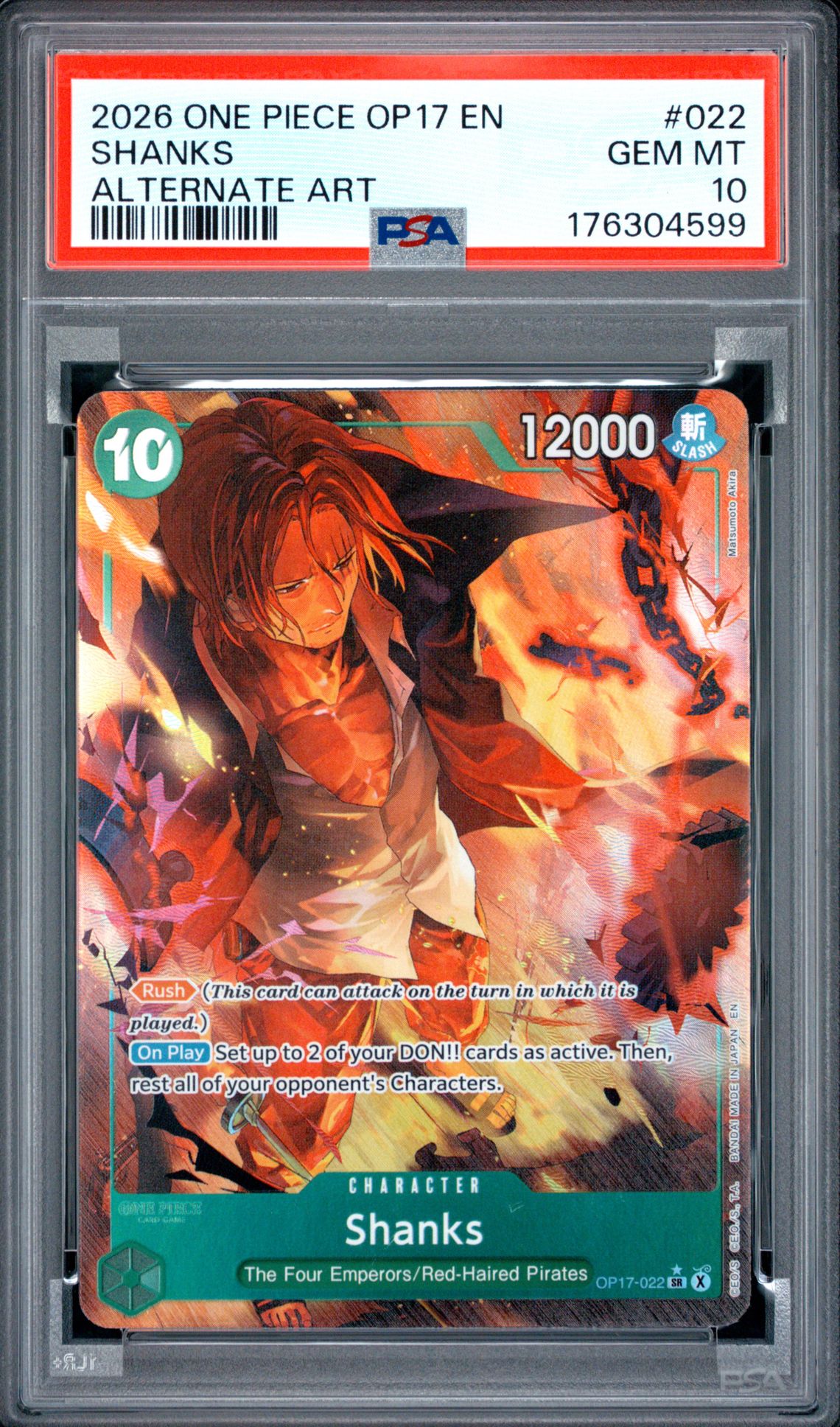 2026 One Piece Op17-The World's Strongest Warriors Shanks #022 (Alternate Art) Gem Mt 10 front view - PSA graded GEM MT 10