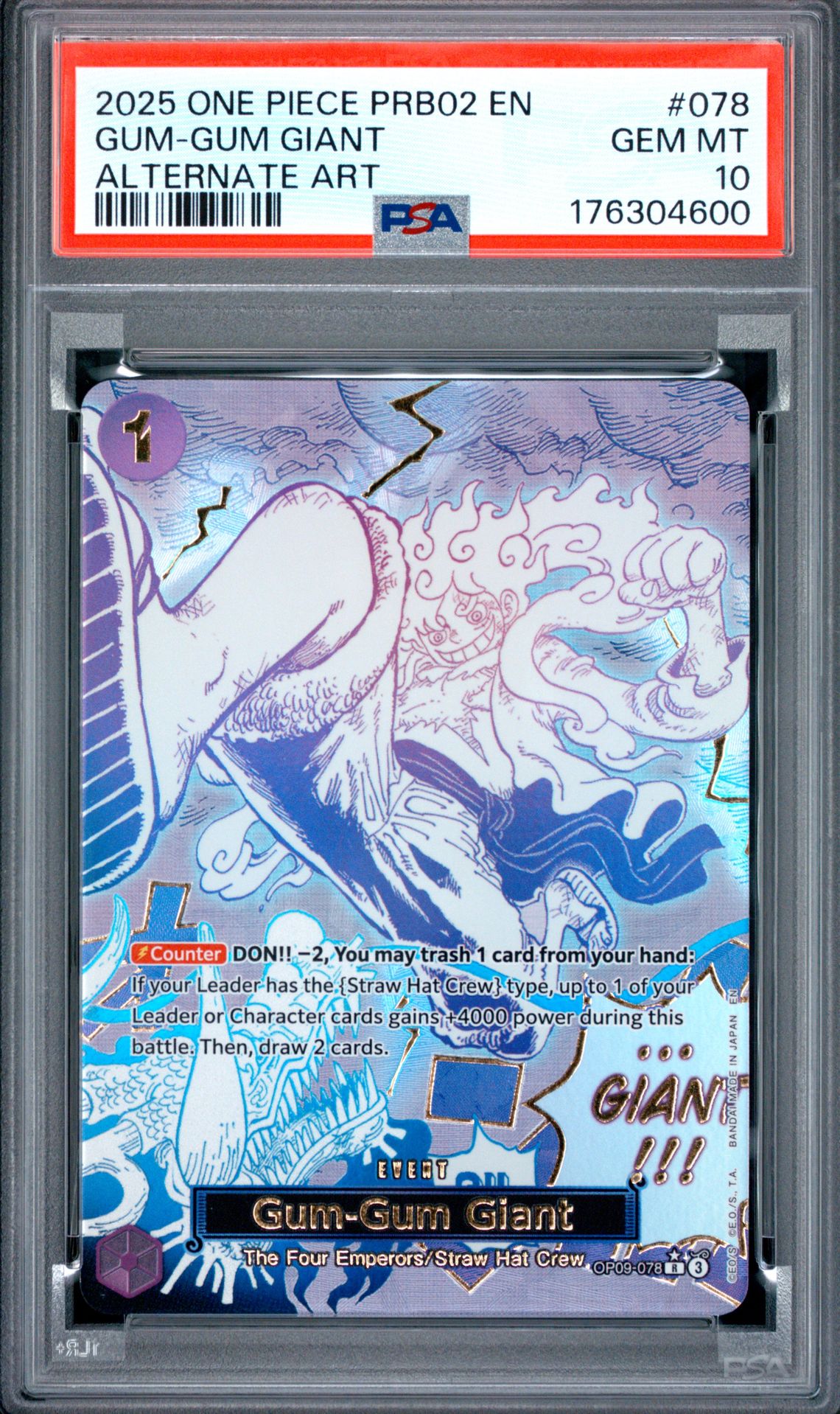 2025 One Piece Prb02-Premium Booster -One Piece Card The Best- Vol.2 Gum-Gum Giant #078 (Alternate Art) Gem Mt 10 front view - PSA graded GEM MT 10