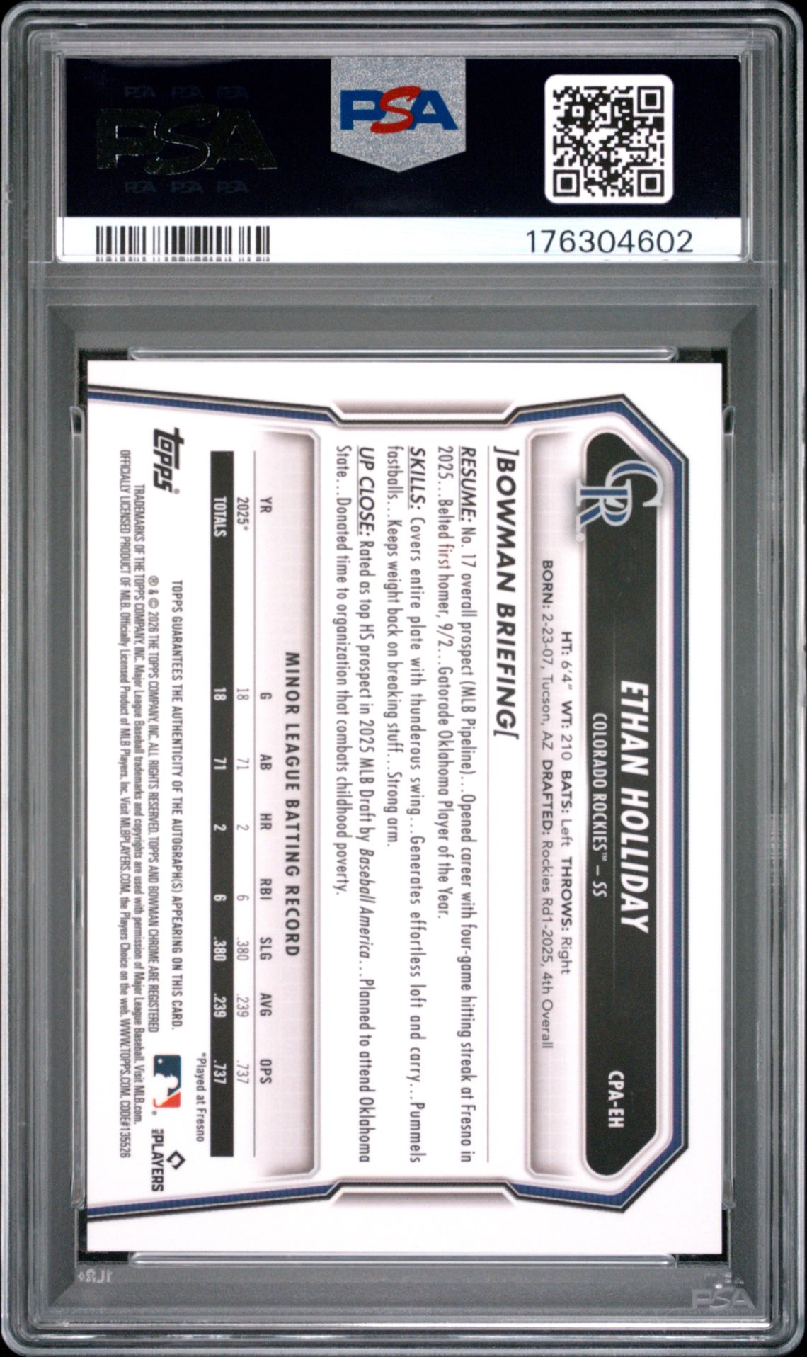 2026 Bowman Chrome Prospect Autographs Ethan Holliday #Cpa-Eh Gem Mt 10 back view - PSA certificate #176304602