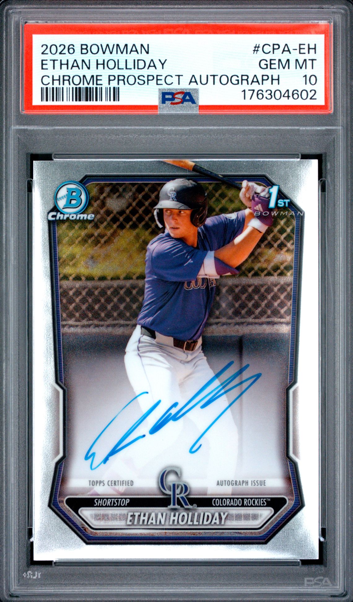 2026 Bowman Chrome Prospect Autographs Ethan Holliday #Cpa-Eh Gem Mt 10 front view - PSA graded GEM MT 10