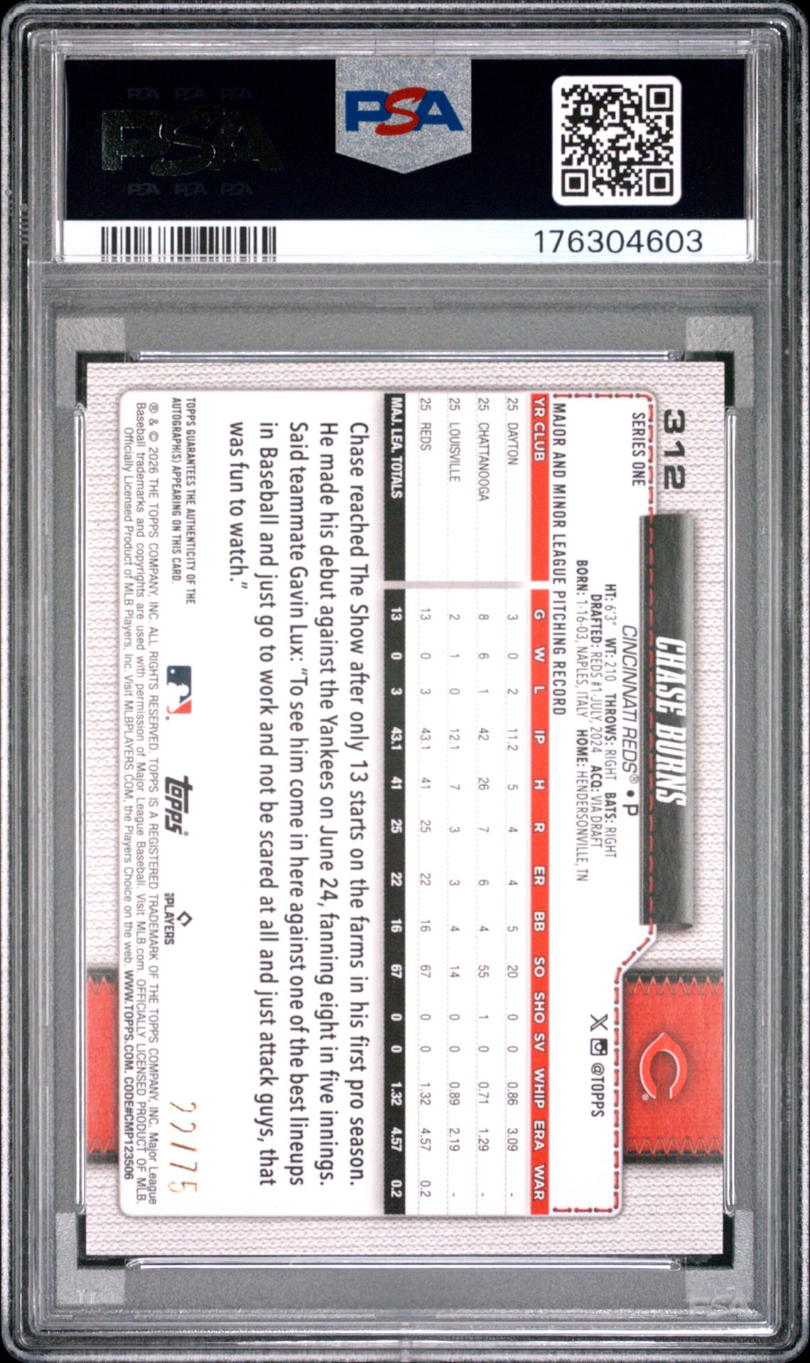 2026 Topps Chase Burns #312 (Autograph-75Th Anniversary) Gem Mt 10 back view - PSA certificate #176304603