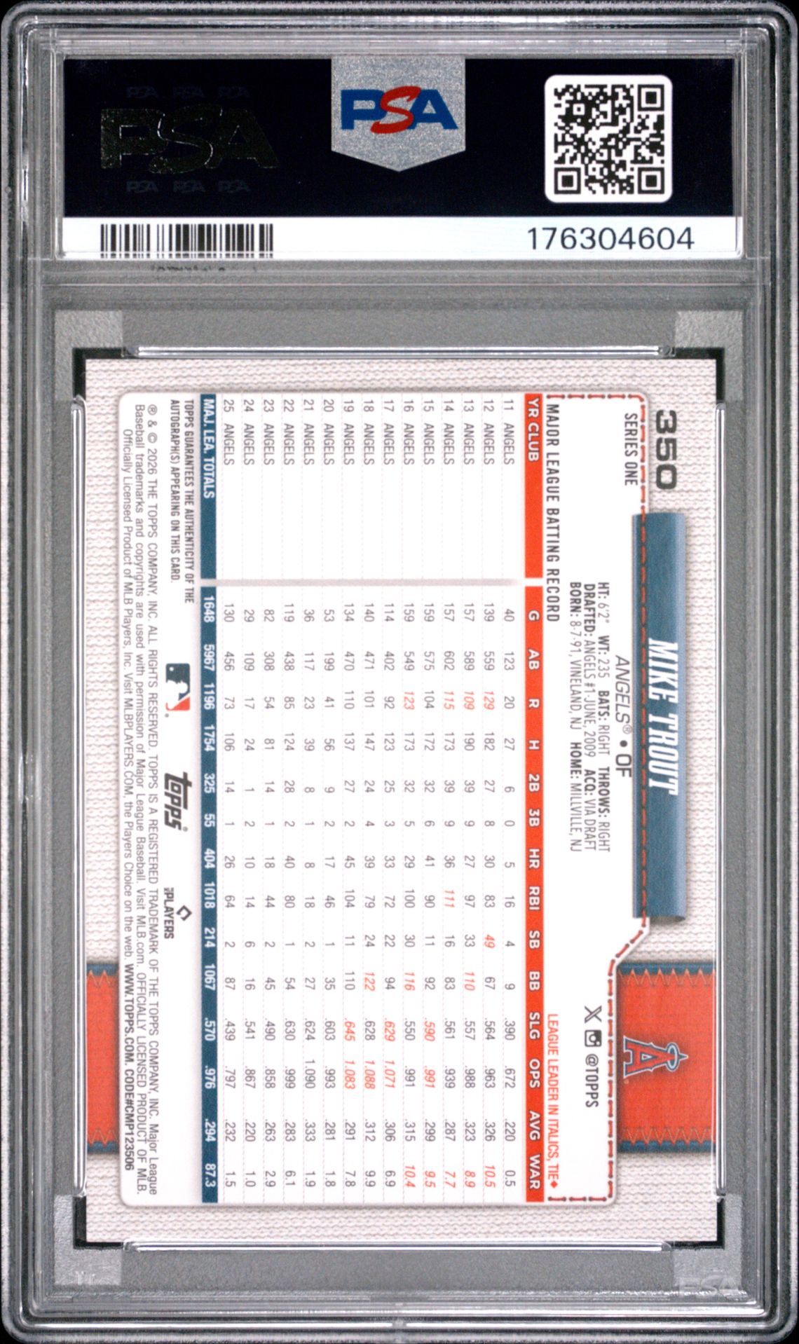 2026 Topps Mike Trout #350 (Autograph) Gem Mt 10 back view - PSA certificate #176304604