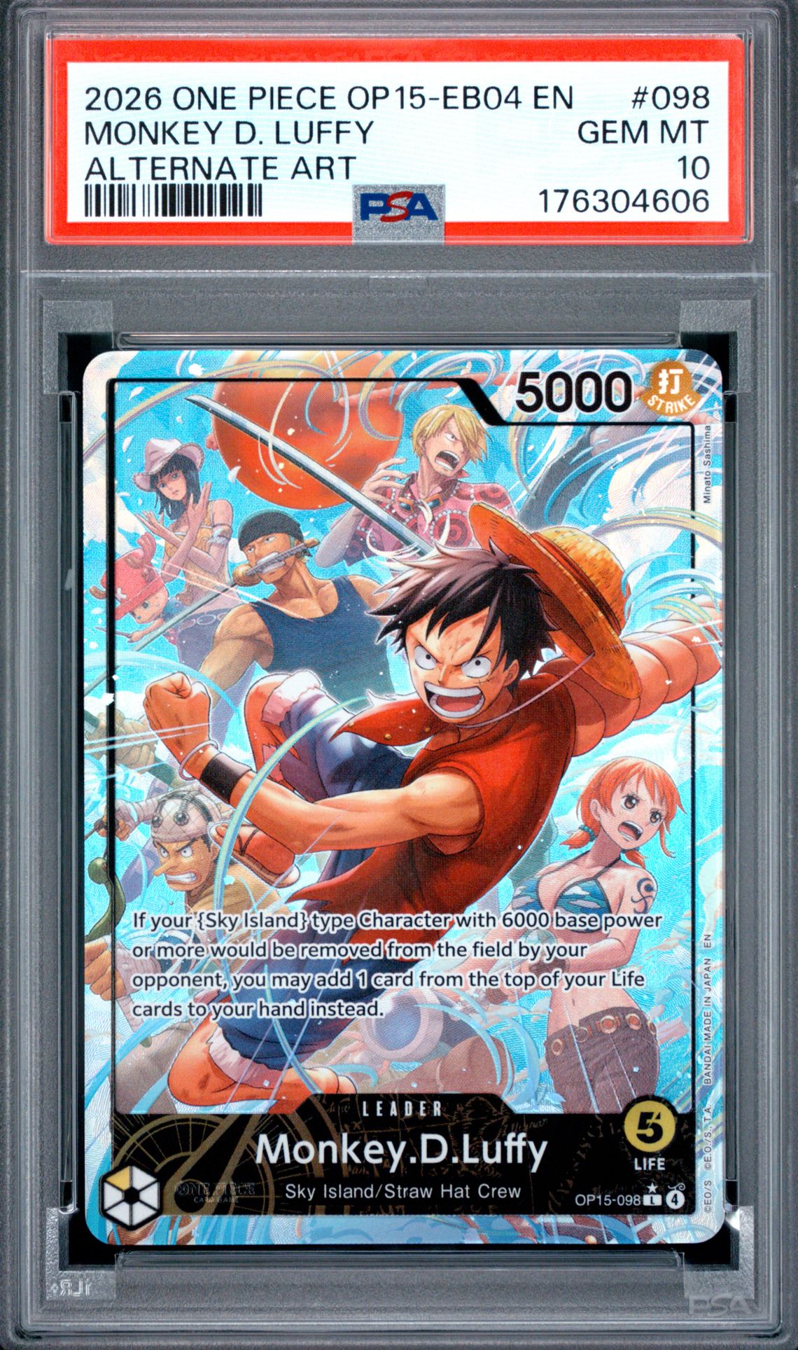 2026 One Piece Op15-Eb04-Adventure On Kami's Island Monkey D. Luffy #098 (Alternate Art) Gem Mt 10 front view - PSA graded GEM MT 10