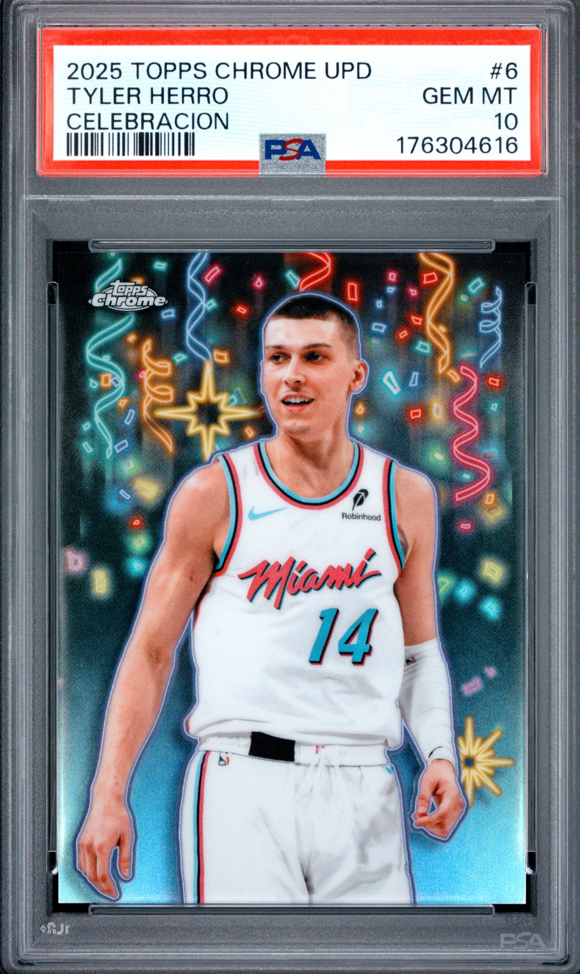 2025 Topps Chrome Update Celebracion Tyler Herro #6 Gem Mt 10 front view - PSA graded GEM MT 10