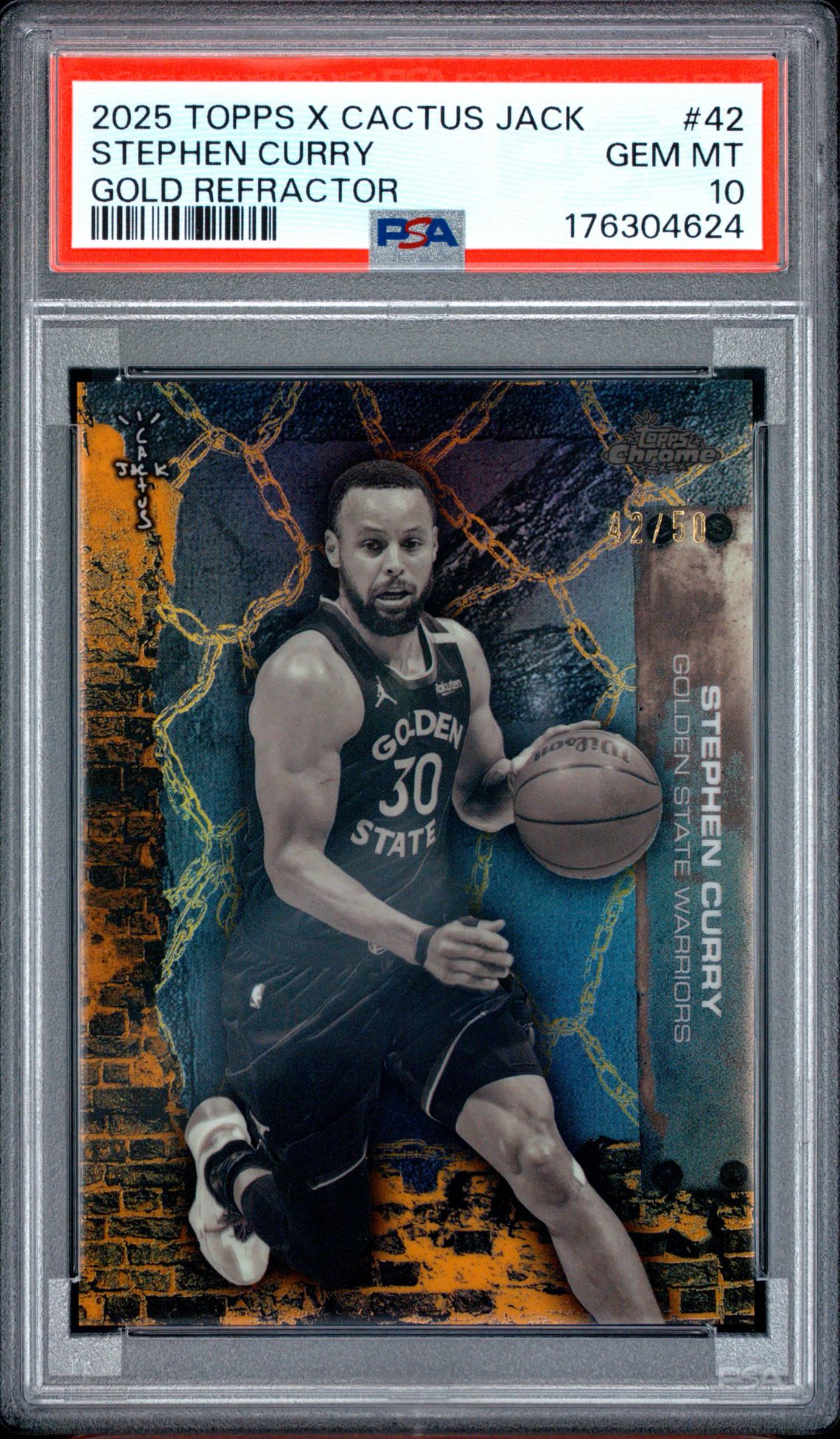 2025 Topps Chrome X Cactus Jack Stephen Curry #42 (Gold Refractor) Gem Mt 10 front view - PSA graded GEM MT 10