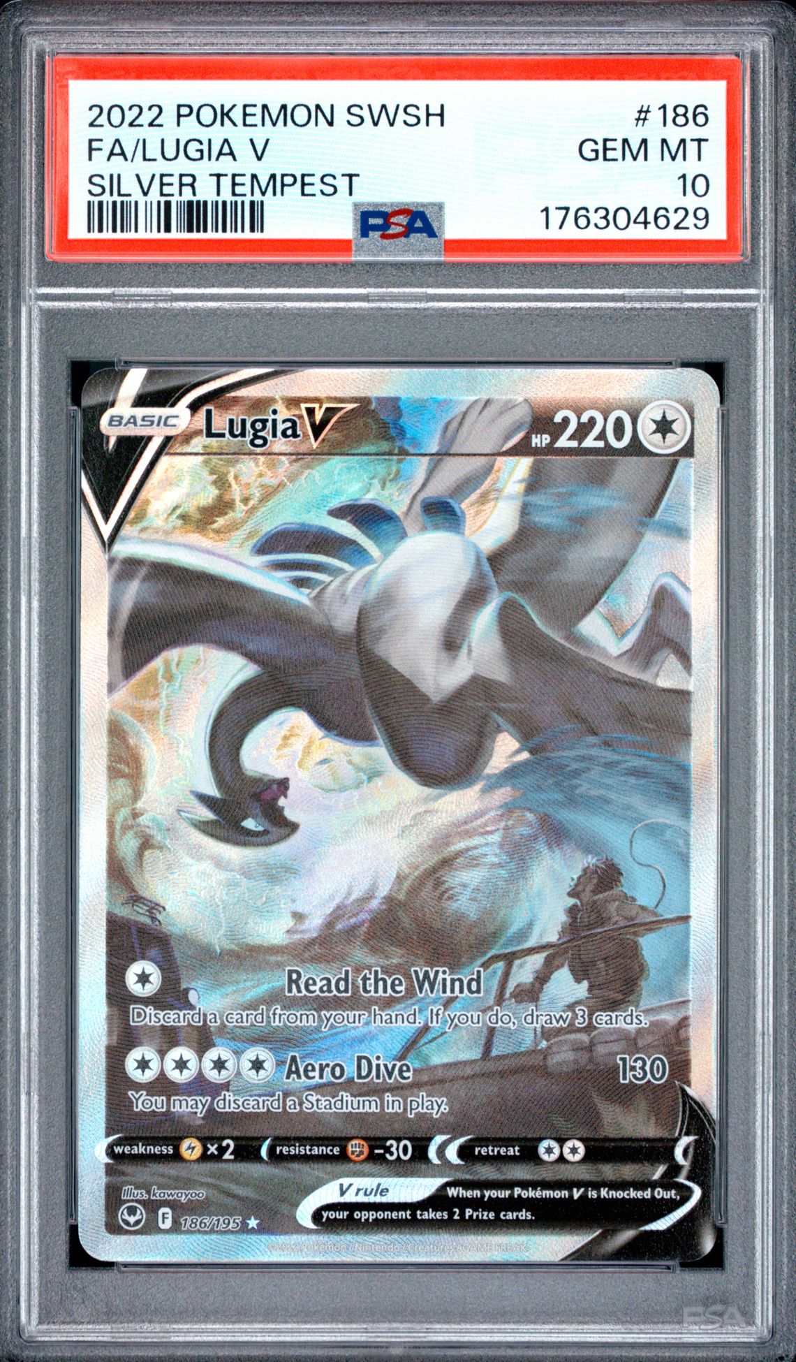 2022 Pokemon Sword & Shield Silver Tempest Fa/Lugia V #186 (Silver Tempest) Gem Mt 10 front view - PSA graded GEM MT 10