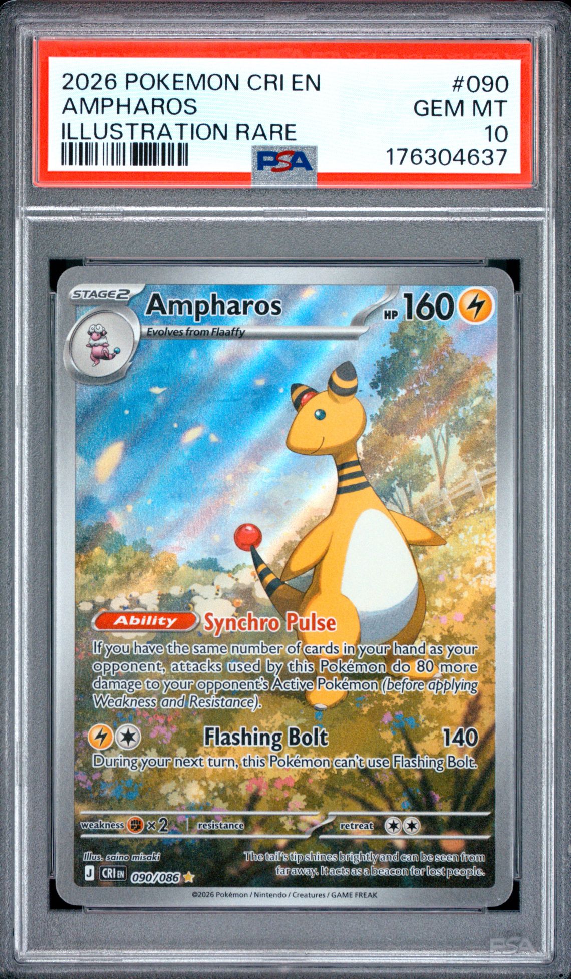2026 Pokemon Cri En-Chaos Rising Ampharos #090 (Illustration Rare) Gem Mt 10 front view - PSA graded GEM MT 10