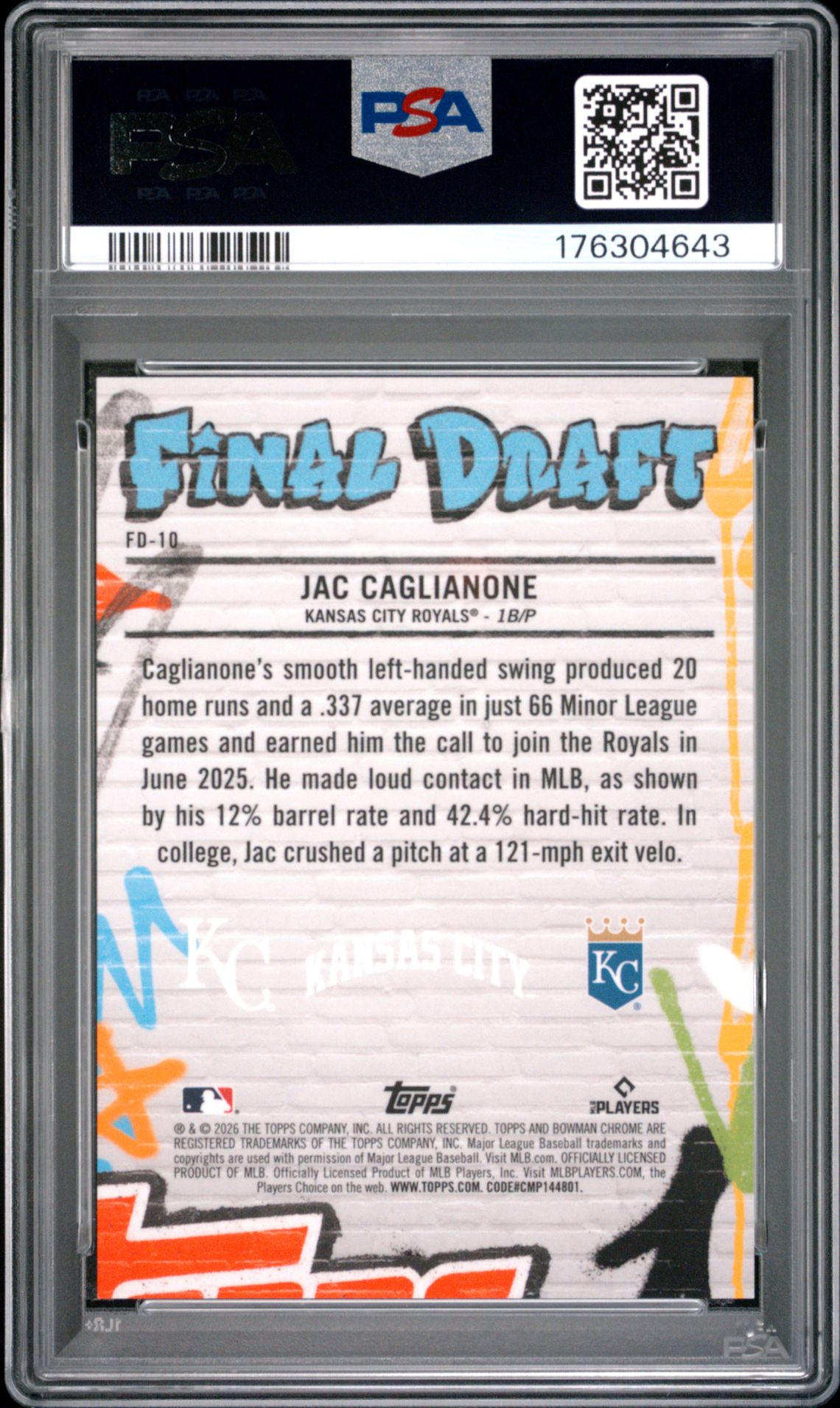 2026 BOWMAN CHROME FINAL DRAFT JAC CAGLIANONE  FD-10 GEM MT 10 back