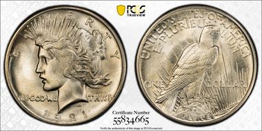 1921 $1 High Relief, Peace MS66