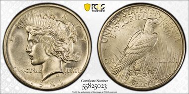 1921 $1 High Relief, Peace MS64