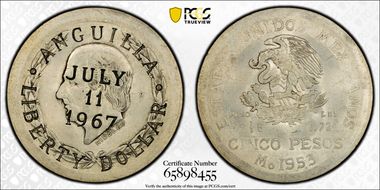 1967 $1 X-1 C/M on Mex 5 Peso AU58