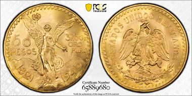 1945 50 Peso KM-481  Au MS65+