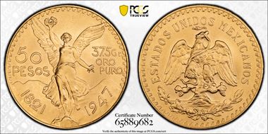 "1947" 50 Peso New Die Restrike KM-481  Au MS69