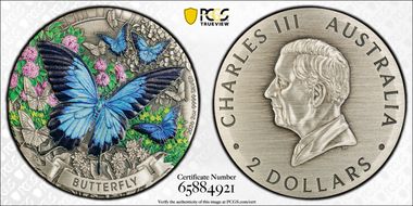 2026-P $2 Butterfly 2oz Ag Antiqued Colorized SP70