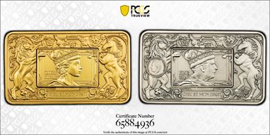 2026 $5 Elizabeth II & Charles III 2oz Select Gilt Ag Antiqued SP68