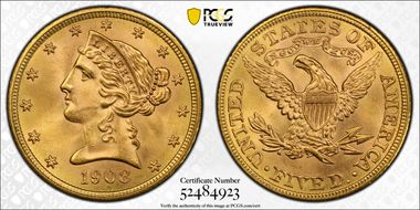 1908 $5 Liberty MS66+