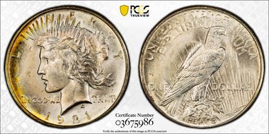 1921 $1 High Relief, Peace MS66+