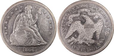 1866 $1 Motto AU53