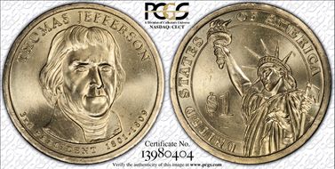 2007-P $1 Thomas Jefferson Position A - First Day of Issue MS67