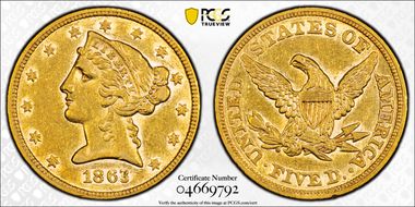 1863 $5 AU53
