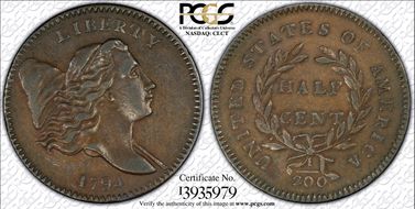 1794 1/2C C-2a Sm Edge Letters AU53BN