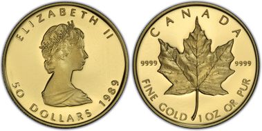 1989 $50 10th Ann Maple Leaf/Au PR69DCAM