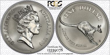 1994-C $1 Kangaroo Ag Reeded Edge MS69