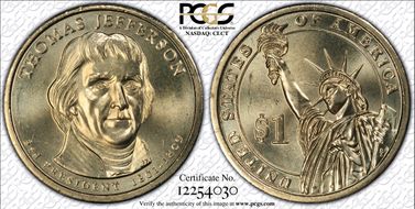 2007-D $1 Weak Edge Lettering Jefferson - Position B MS67