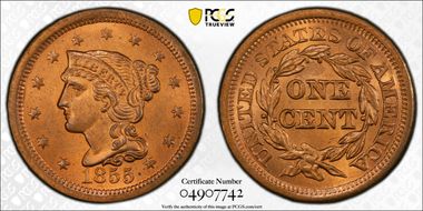 1855 1C Upright 55 MS65+ RD