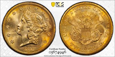 1857-S $20 Bold S S.S. Central America MS65