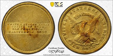 1852 $10 U.S. Assay Office, K-12 AU55