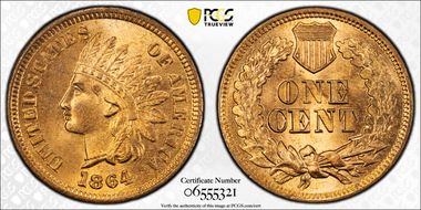 1864 1C L on Ribbon MS66+ RD