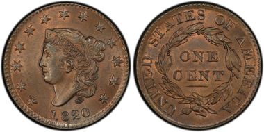 1820/19 1C N-3, Small Overdate MS65BN