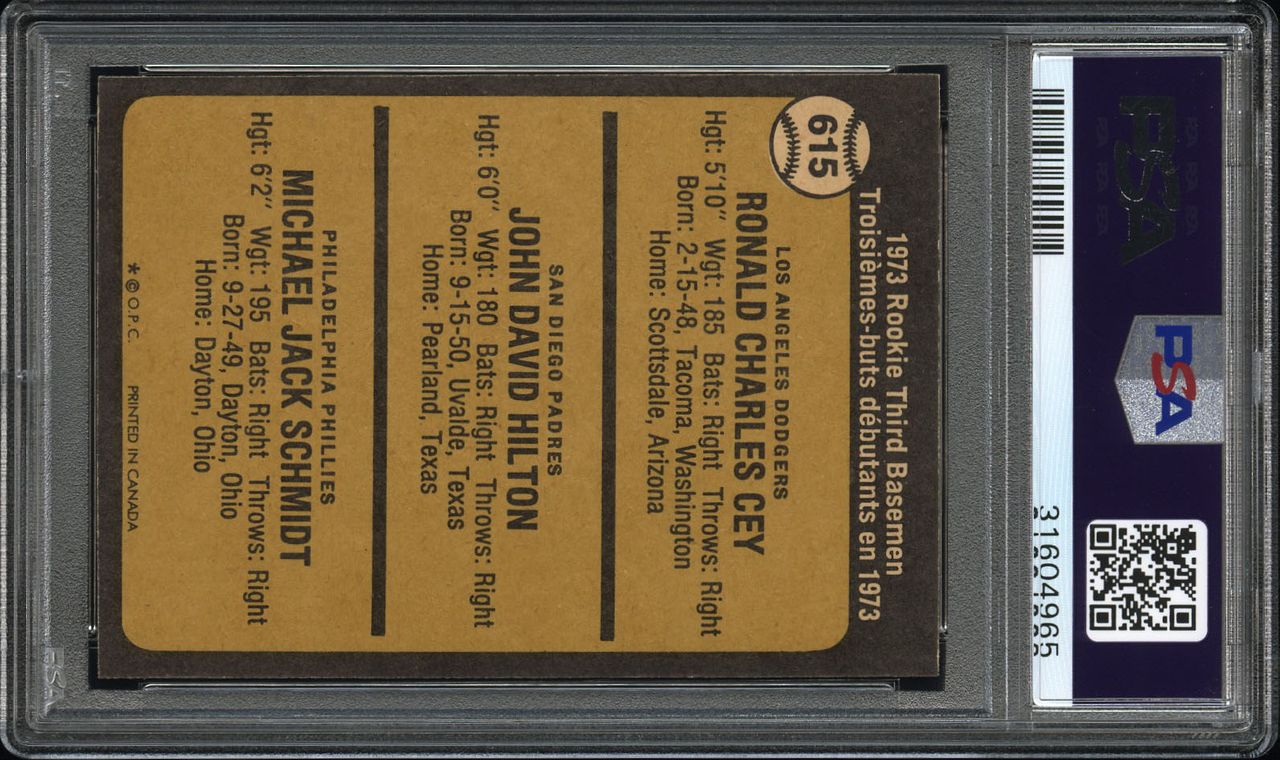 1973 Topps # 615 Rookie Third Basemen Mike Schmidt/Ron Cey/John Hilton  Dodgers/Padres/Phillies (Baseball Card) PSA 7 - NM Dodgers/Padres/Phillies