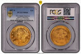 1857-S $20 MS64
