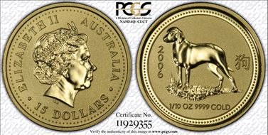 2006 $15 Year of the Dog 1/10oz Au MS69