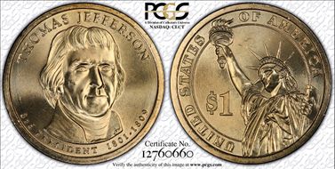 2007-P $1 Weak Edge Lettering Jefferson - Position A - First Day of Issue MS66