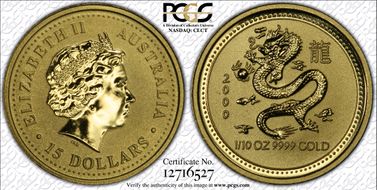 2000 $15 Year of the Dragon 1/10oz Au MS69