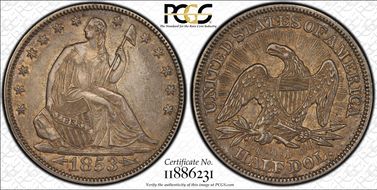 1853 50C Arrows and Rays AU55