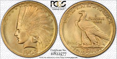 1908 $10 No Motto MS67