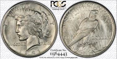 1921 $1 High Relief, Peace MS64