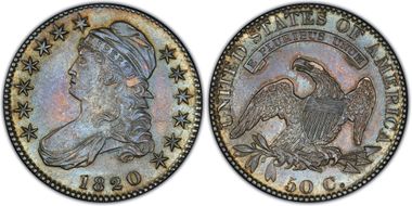 1820 50C Curl Base 2, Small Date AU58