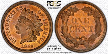 1858 1C J-213, Broad Bust, Low Leaves PR64