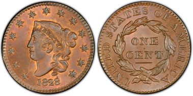 1828 1C Newcomb 2 Large Narrow Date MS65RB