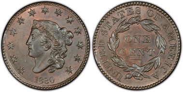 1830 1C N-1 Large Letters MS65BN